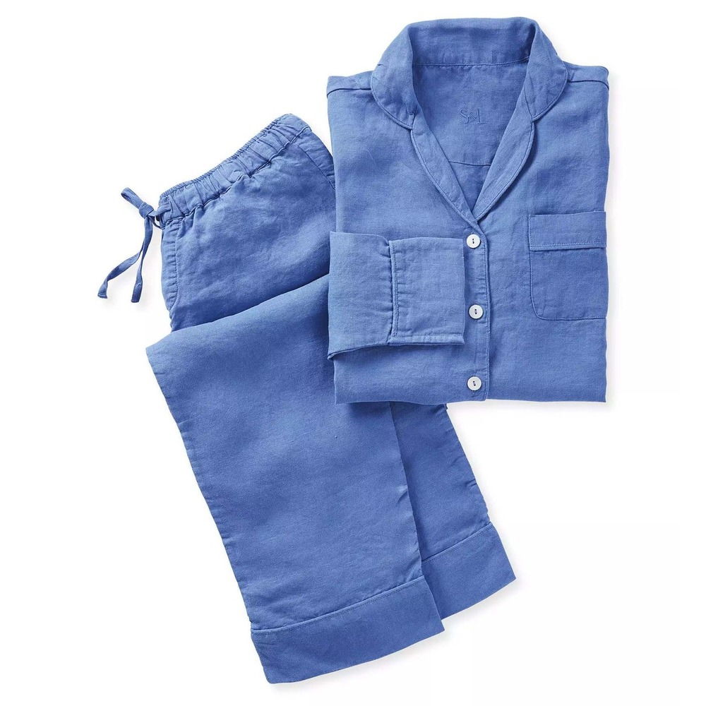 Serena & Lily Positano Linen Pajama Set L Lt Blue Portugal European Flax Luxury